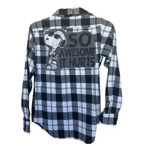 Snoopy Joe Cool Plaid Flannel Button Down Shirt Kids LARGE Unique So Awesome